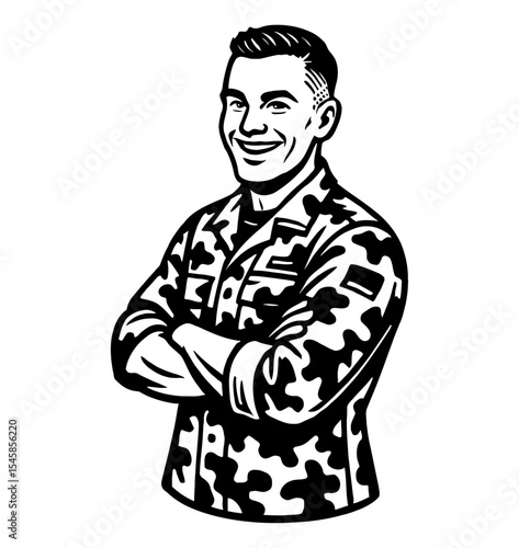 Smiling Caucasian Soldier with Arms Crossed in Camouflage Uniform Illustration
