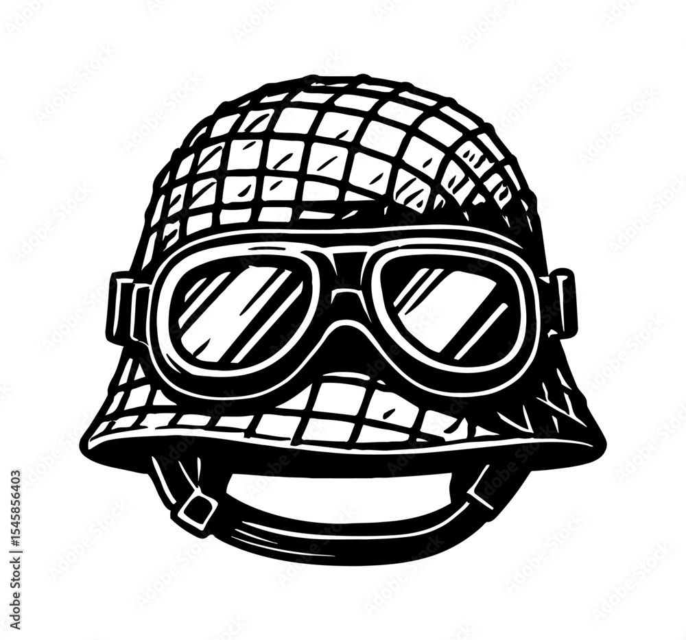 Naklejka premium Military Helmet and Goggles Illustration in Black and White Style, war concept design