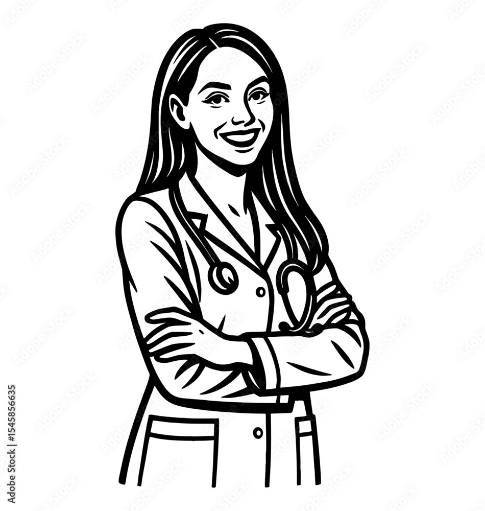 Smiling female doctor with crossed arms wearing a stethoscope vector illustration Smiling female doctor with crossed arms wearing a stethoscope vector illustration