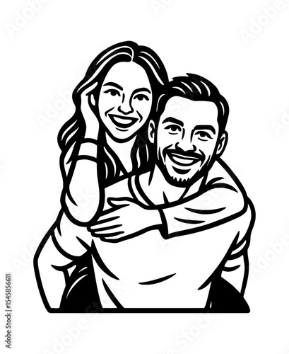 Happy Couple in Love Piggybacking with Smiling Expression in Black and White Illustration