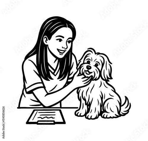 Asian Woman Petting a Cute Dog with Affection in Black and White Vector Illustration
