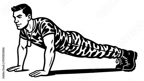 Illustration of a Man Doing Push Ups Wearing Camouflage Shirt and Dog Tag