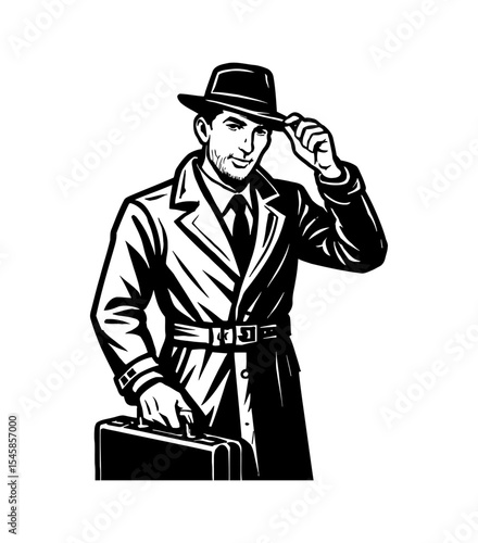 Detective illustration of man wearing long coat, holding briefcase and tipping his hat