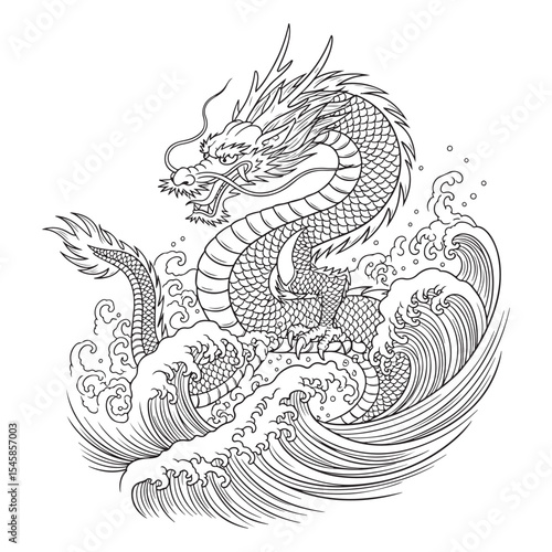 Asian Dragon Emerging from Ocean Waves Line Art Illustration