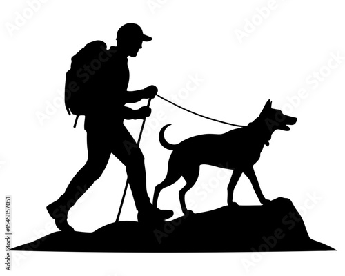 Silhouette of hiker with dog on mountain top vector