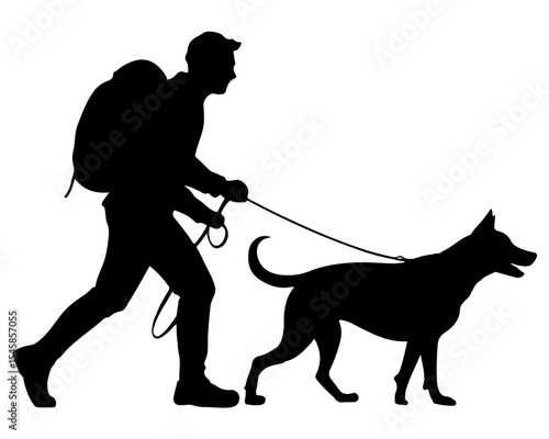 Silhouette of hiker walking a dog on a leash side view