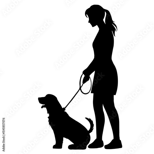 Silhouette of woman walking a dog on a leash art