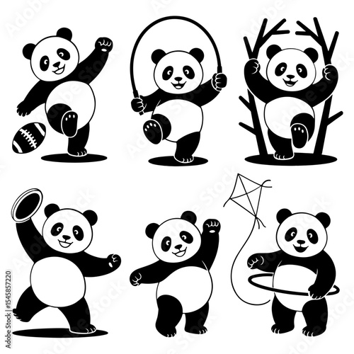 Cartoon panda bears engaging in various activities