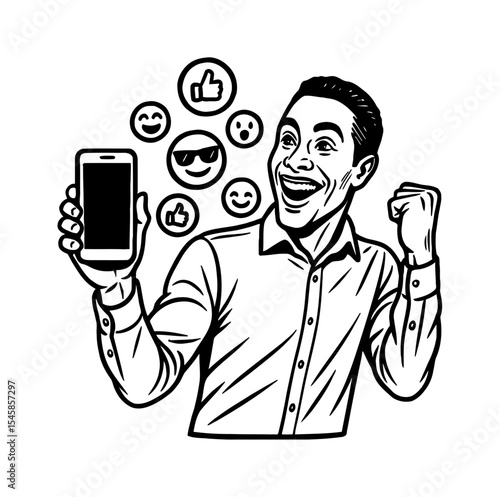Excited African American Man Holding Smartphone and Celebrating with Emoji, Black and White Illustration