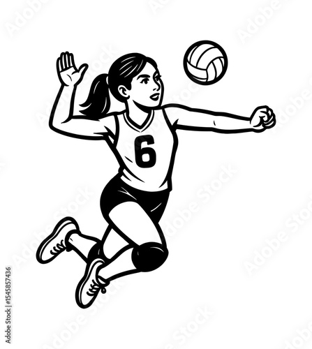 Young woman volleyball player spiking ball in black and white outline line art drawing