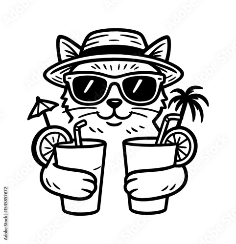 Cartoon Cat with Sunglasses and Hat Holding Two Drinks in Black and White Vector Illustration