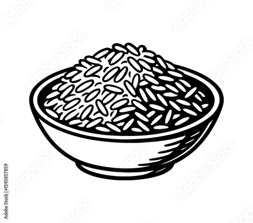 Bowl of Rice with Black and White Outline Illustration in simple drawing style
