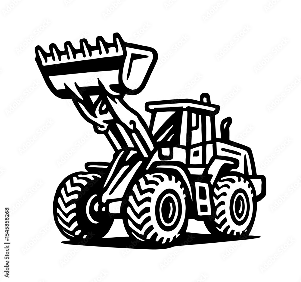 Naklejka premium Illustration of a Front Loader with Raised Bucket in Black and White Outline Vector