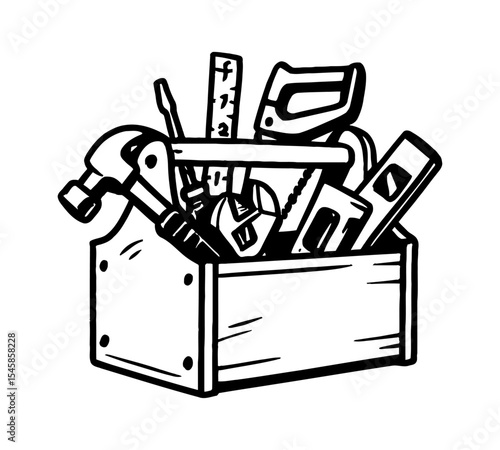 Black and White Illustration of a Toolbox Full of Various Handyman Tools and Equipment