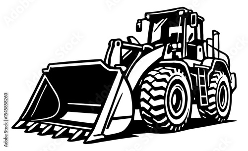 Illustration of a Front Loader Heavy Equipment in Black and White Vector