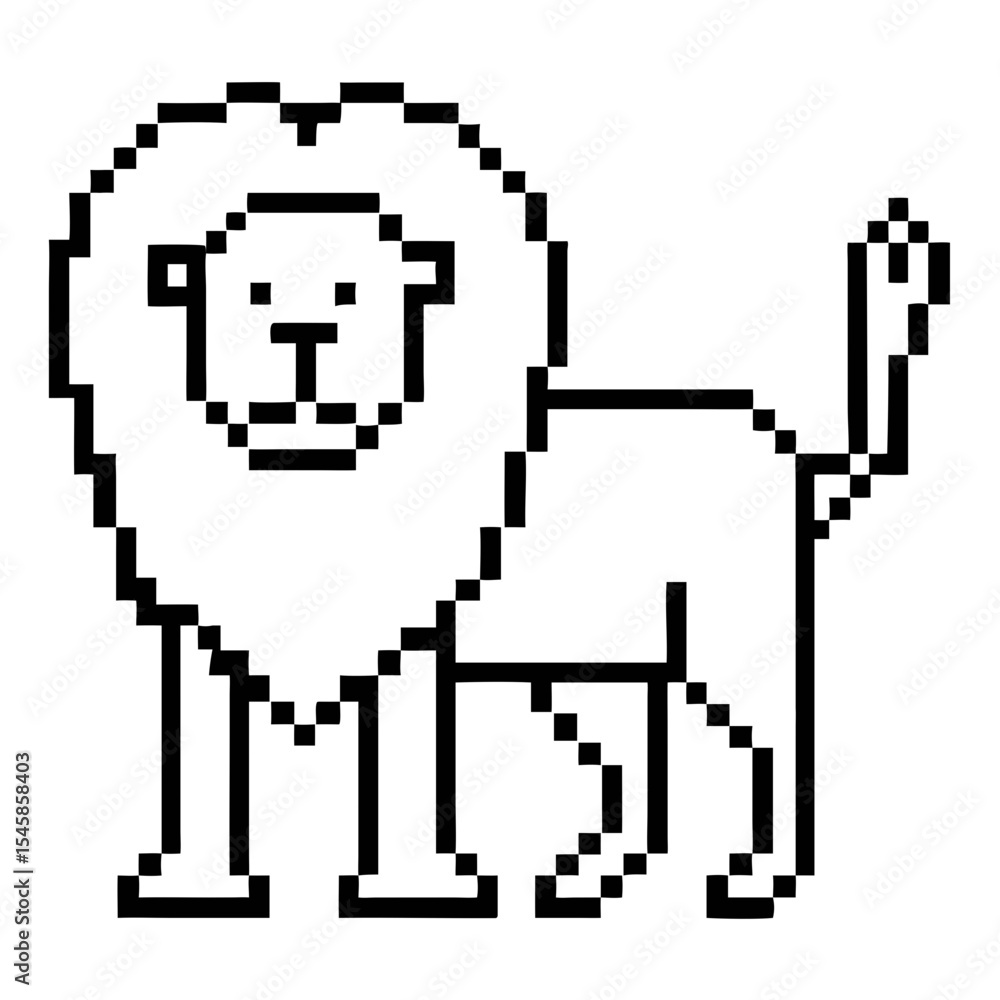 Obraz premium Pixel outline in black of a lion standing with a detailed mane and tail