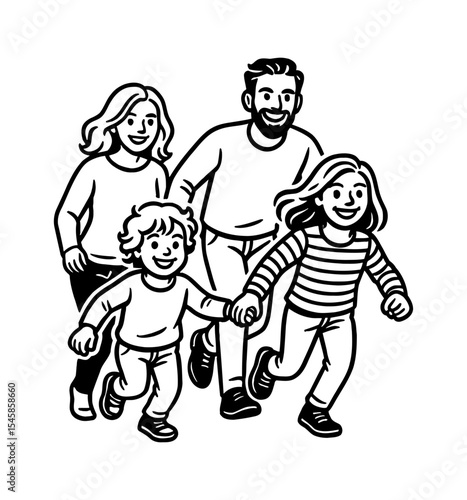 Happy Family Running Together in Black and White Illustration with Smiling Face