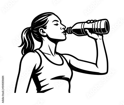Young Woman Drinking Water from Bottle in Black and White Vector Illustration Style