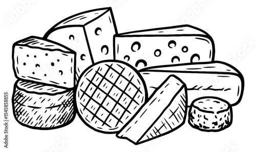 Assorted Cheese Illustration, Black and White Line Art Style Drawing