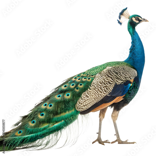 Majestic Peacock in Profile: A stunning peacock showcases its vibrant plumage in a captivating side profile, its iridescent feathers shimmering with a symphony of colors.