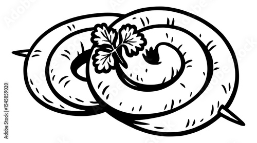 Sausage Roll with Parsley Illustration in Black and White Outline Simple Drawing