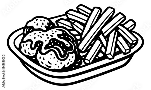 Black and White Graphic Illustration of Meatballs with Sauce and French Fries on a Plate