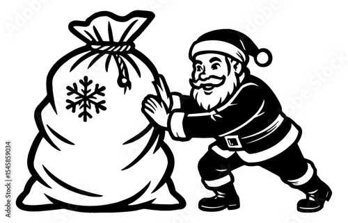 Santa Claus Pushing a Big Bag of Gifts with Snowflake in Black and White Silhouette