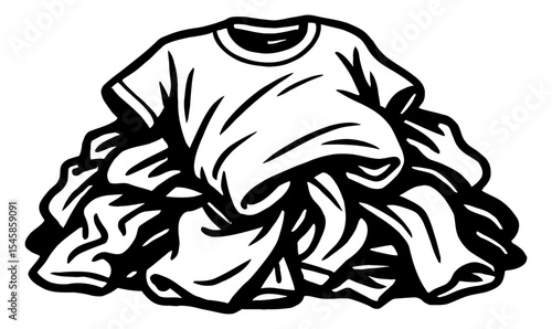 Pile of Clothes with T-Shirt on Top in Black and White Vector Illustration