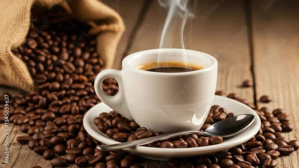 A steaming cup of coffee sits on a saucer surrounded by roasted coffee beans, next to a burlap sack A steaming cup of coffee sits on a saucer surrounded by roasted coffee beans, next to a burlap sack