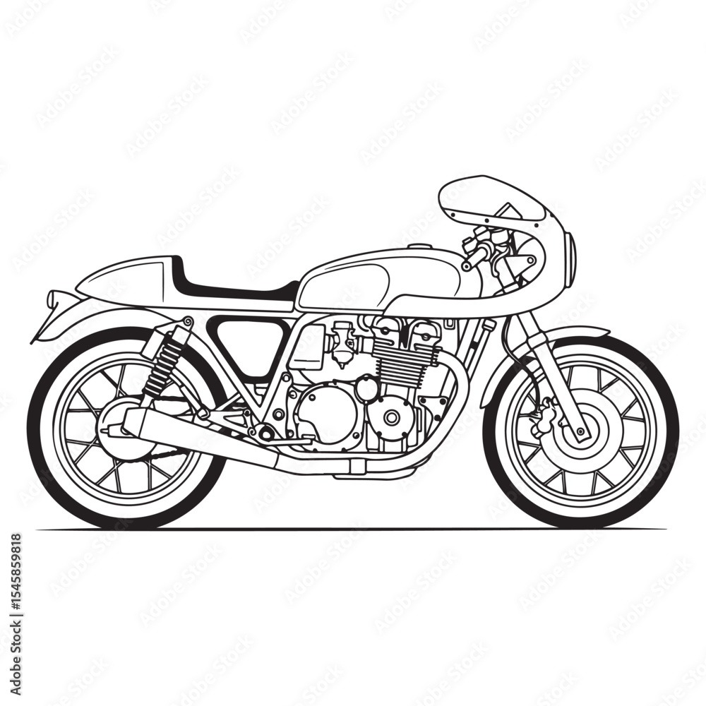 Obraz premium Classic Cafe Racer Motorcycle Line Drawing Black and White Illustration