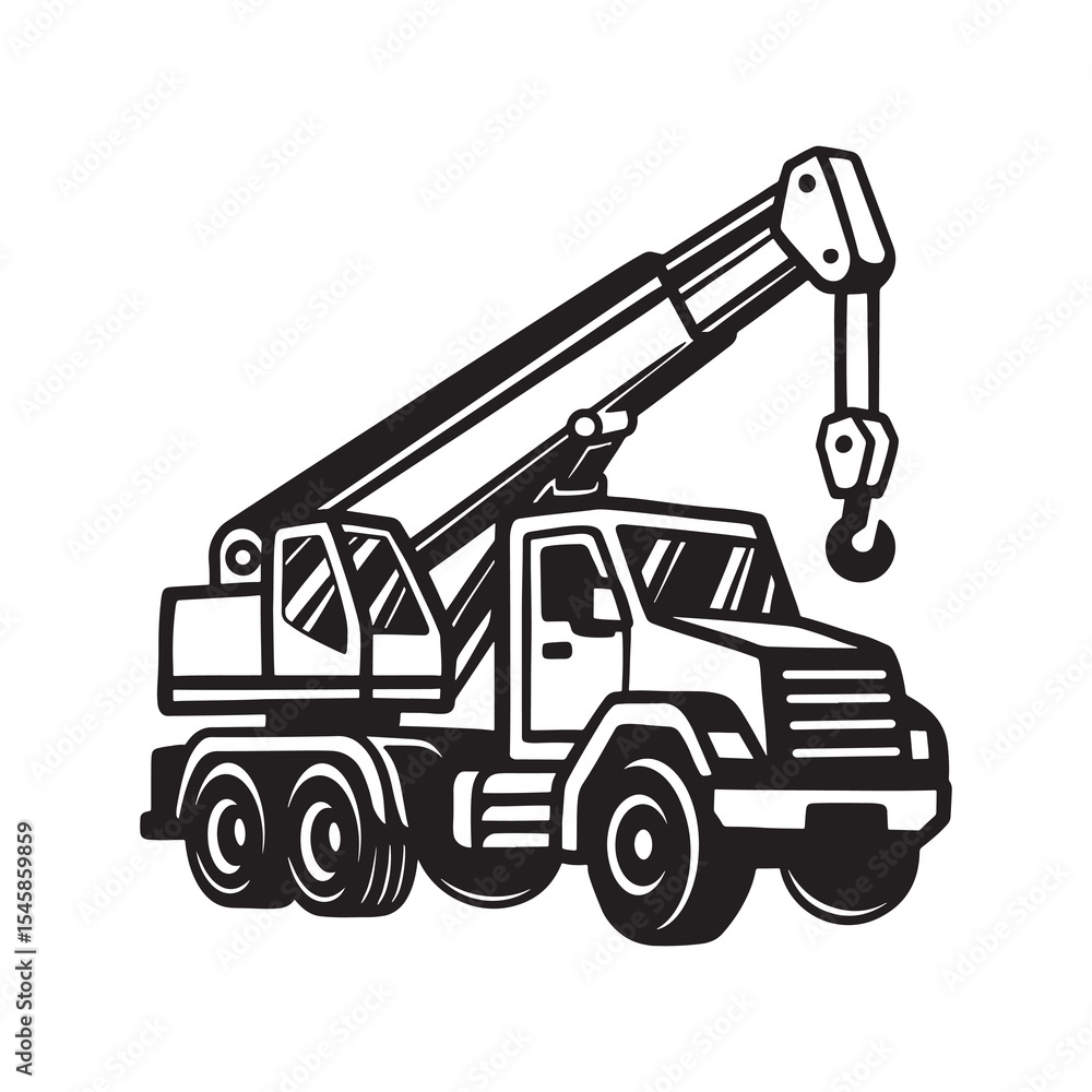 Naklejka premium Crane Truck Icon, Heavy Duty Mobile Crane, Construction Lifting Vehicle, Outline Crane Truck Illustration
