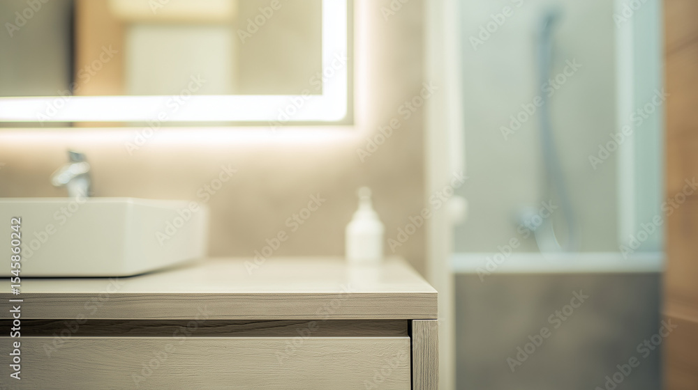 Minimalist bathroom with clean lines and neutral tones, empty counter space, soft lighting - simplicity and modern elegance Minimalist bathroom with clean lines and neutral tones, empty counter space, soft lighting - simplicity and modern elegance