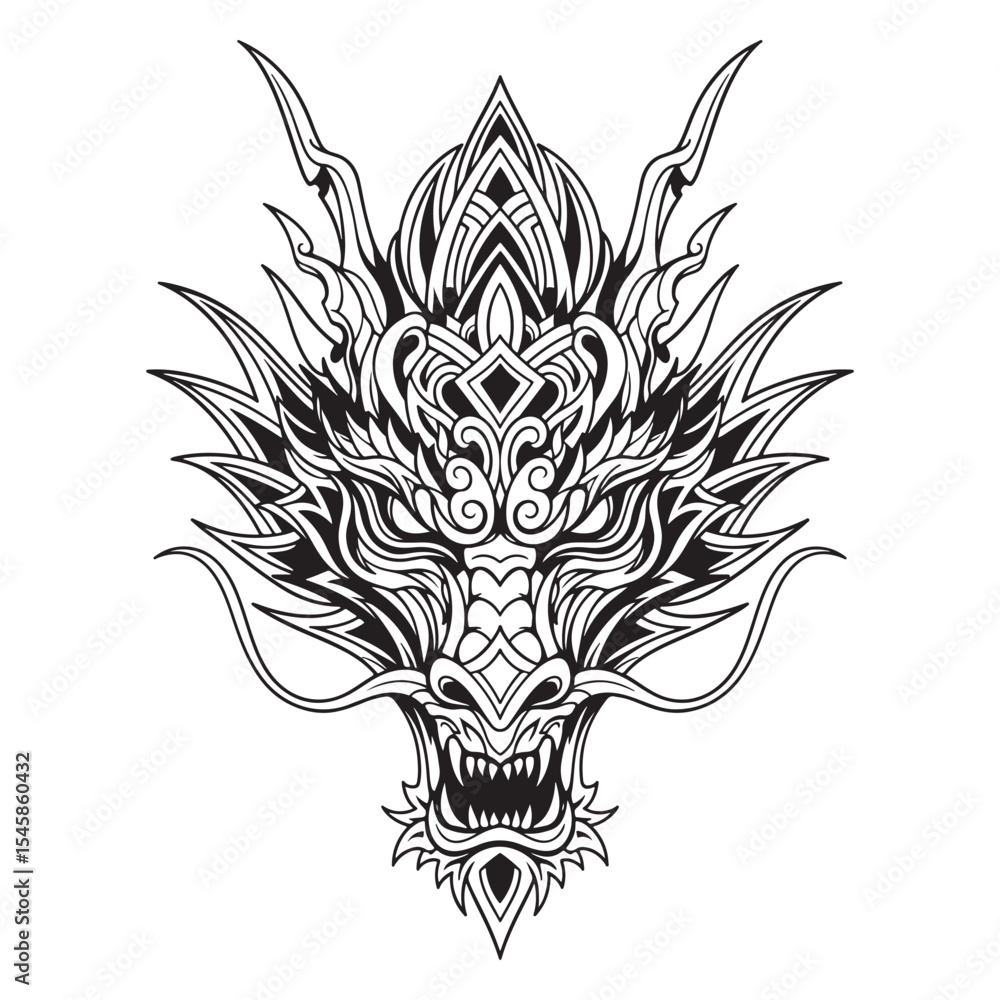 Ornate Black and White Dragon Head Illustration monochrome Ornate Black and White Dragon Head Illustration monochrome