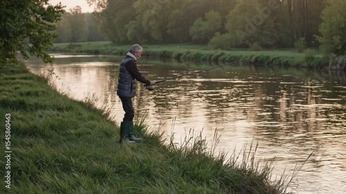 Serene Angler by the Riverbank: An elderly man is engrossed in his favorite outdoor pastime, fishing, as he stands on a verdant riverbank, capturing the tranquility of a beautiful natural scene.