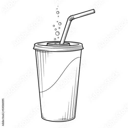 Soda Cup with Straw Bubbles Line Drawing Illustration