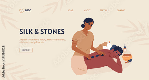 Web page design template for beauty spa. Therapist providing a hot stone therapy session on a mans back. Hand drawn vector illustration.