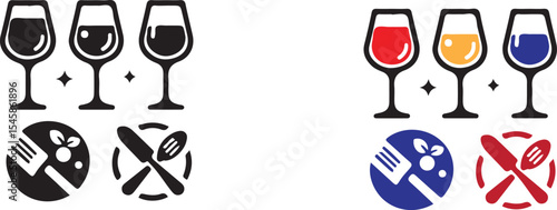 Illustration of wine glasses with different colored liquids and food icons in two color schemes