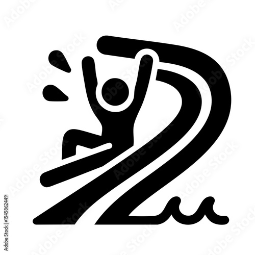 Minimalist icon of a person on a waterslide in black and white representing summer fun and water park entertainment with copy space