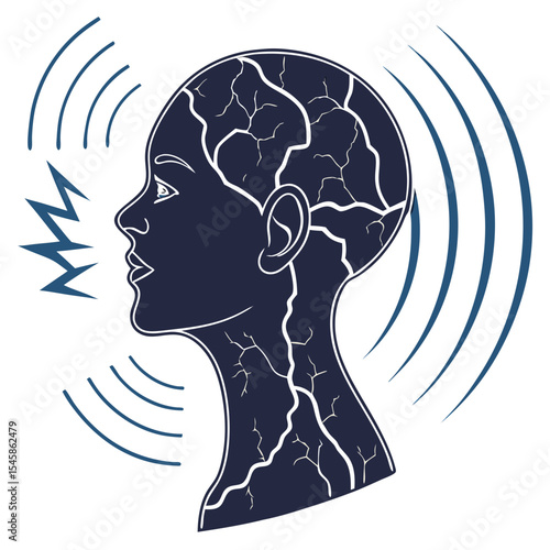Isolated silhouette of a fractured head with soundwaves, symbolising mental stress, emotion, and expression