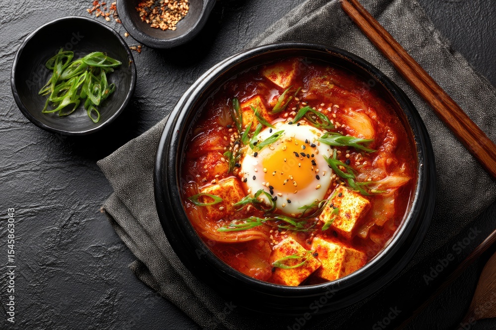 Kimchi stew with tofu, a soft-boiled egg, and scallions in a dark bowl, garnished with sesame seeds, served on a dark surface with chopsticks Kimchi stew with tofu, a soft-boiled egg, and scallions in a dark bowl, garnished with sesame seeds, served on a dark surface with chopsticks
