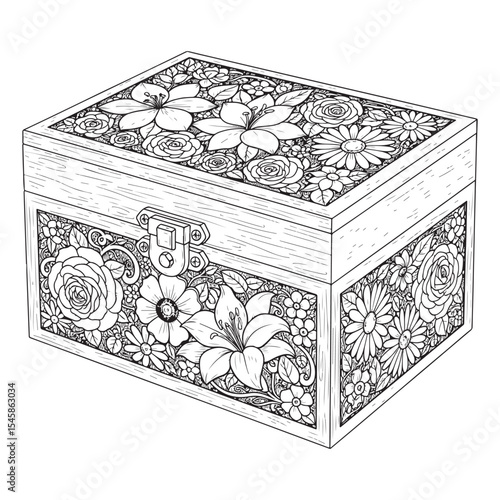 Wooden Box Floral Design Intricate Line Art Black and White
