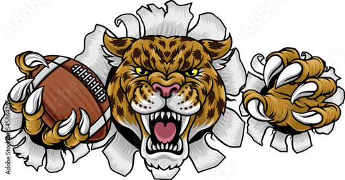A jaguar, panther, leopard or cheetah wildcat spotted cat American football sports team mascot holding a ball