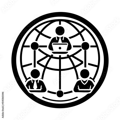 Global collaboration network with people using laptops on a globe in a bold icon style representing remote work and international business