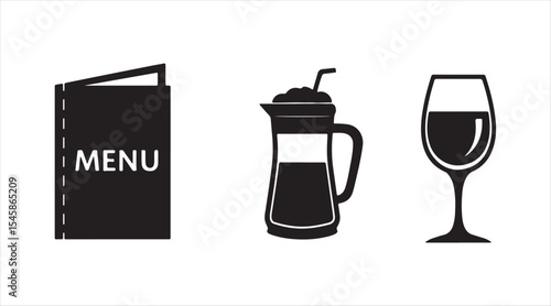 Caffe icon pack. Contains a coffee cup, coffee pot, cocktail, wine glass, and black menu icons. Vector design.