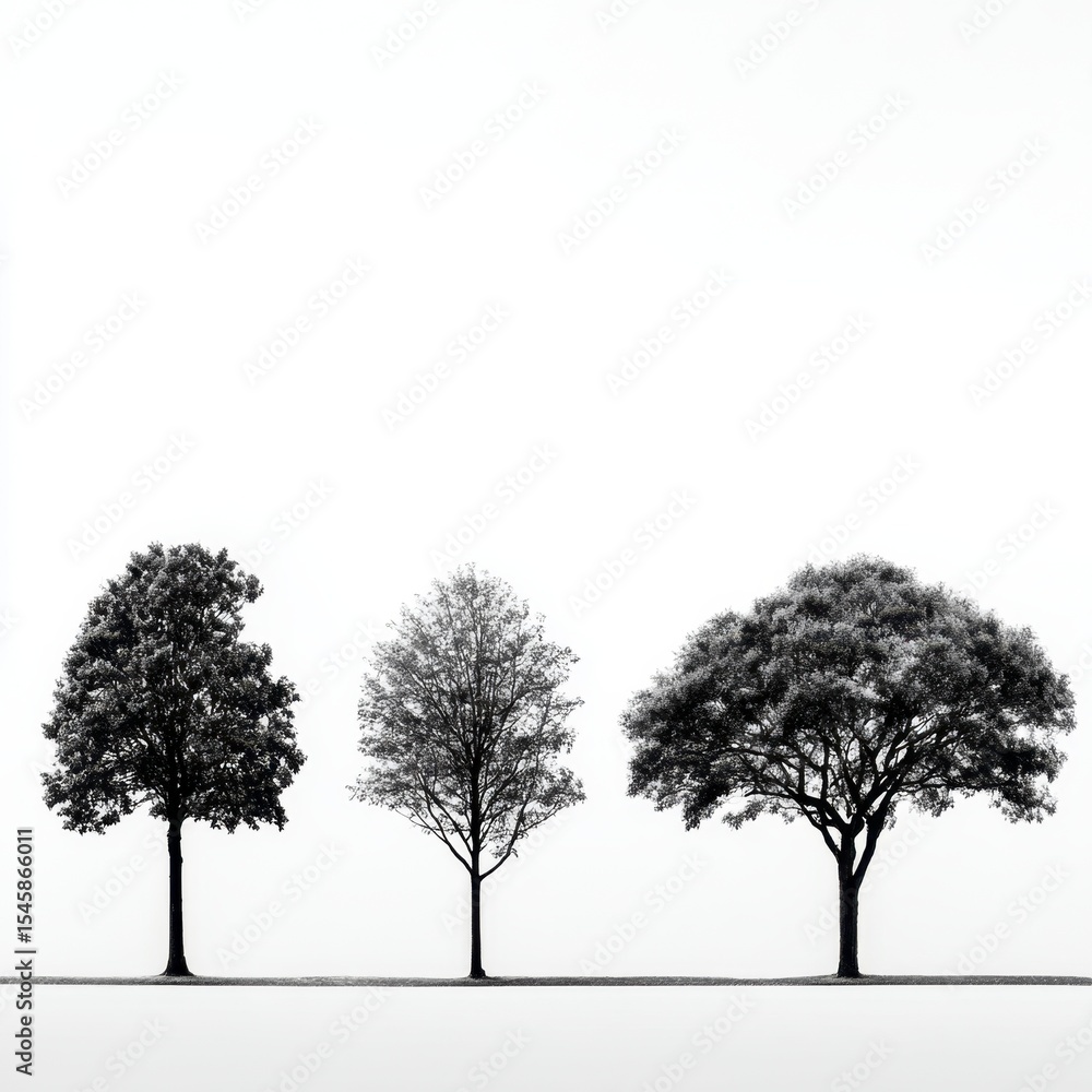 Fototapeta premium Three Trees on a Field in Black and White