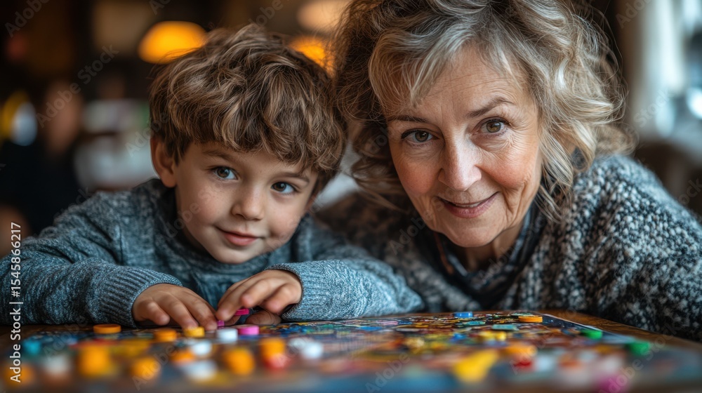 Grandmother and Grandson Solving Jigsaw Puzzle Togetherness Time Grandmother and Grandson Solving Jigsaw Puzzle Togetherness Time