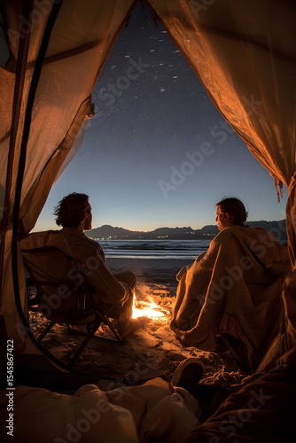 Two people in tent by fire 