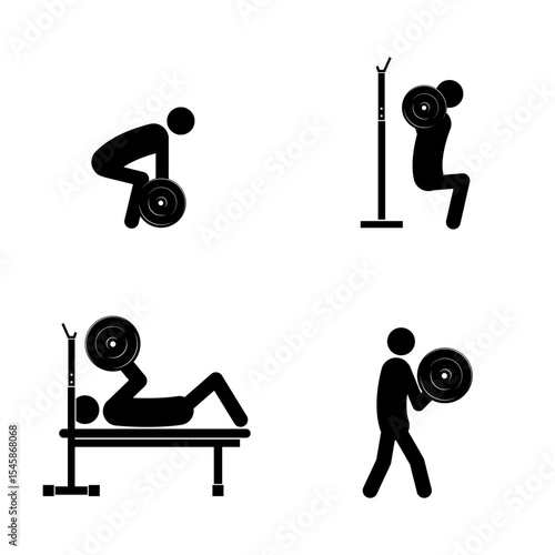 Stick figures, barbell exercises on a bench and standing on a white background, flat vector illustration.