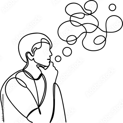 Person in deep thought, hand on chin, profile view. Line art illustration showing pensive man lost in contemplation, bubbles representing ideas.