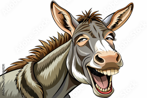 laughing donkey with open mouth and squinty eyes on white background vector ideal for humorous designs, cartoons, or educational materials